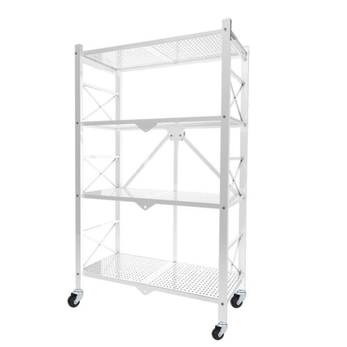 4 Tier Steel White Folding Display Stand Multi-Functional Shelves Portable Storage Organizer with Wheels