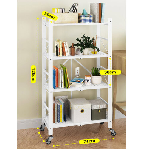 4 Tier Steel White Folding Display Stand Multi-Functional Shelves Portable Storage Organizer with Wheels - Image 2