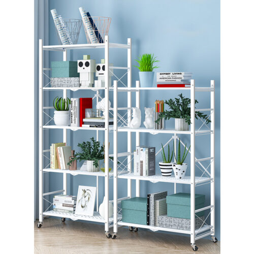4 Tier Steel White Folding Display Stand Multi-Functional Shelves Portable Storage Organizer with Wheels - Image 3