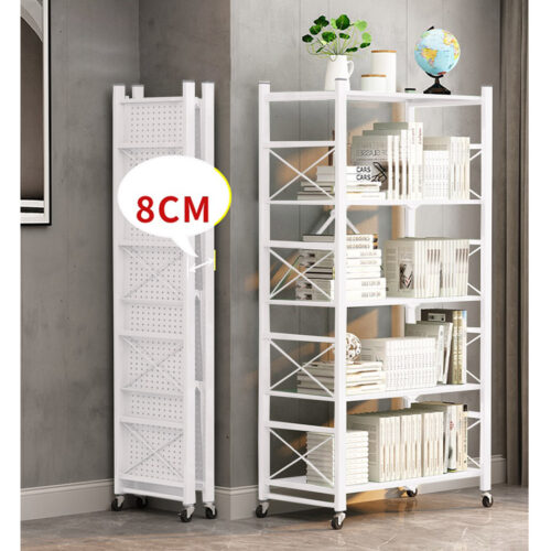 4 Tier Steel White Folding Display Stand Multi-Functional Shelves Portable Storage Organizer with Wheels - Image 4