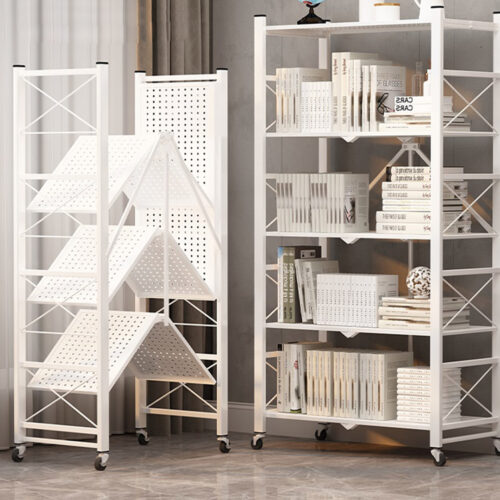 4 Tier Steel White Folding Display Stand Multi-Functional Shelves Portable Storage Organizer with Wheels - Image 6