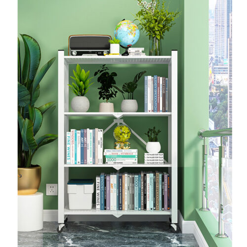 4 Tier Steel White Folding Display Stand Multi-Functional Shelves Portable Storage Organizer with Wheels - Image 7