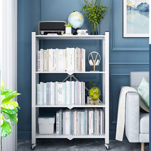 4 Tier Steel White Folding Display Stand Multi-Functional Shelves Portable Storage Organizer with Wheels - Image 8