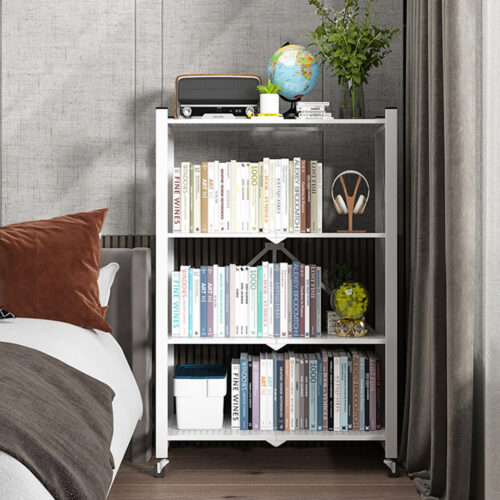 4 Tier Steel White Folding Display Stand Multi-Functional Shelves Portable Storage Organizer with Wheels - Image 9