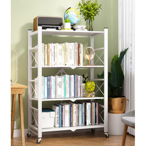 4 Tier Steel White Folding Display Stand Multi-Functional Shelves Portable Storage Organizer with Wheels - Image 10