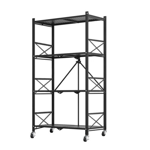 4 Tier Steel Black Folding Display Stand Multi-Functional Shelves Portable Storage Organizer with Wheels