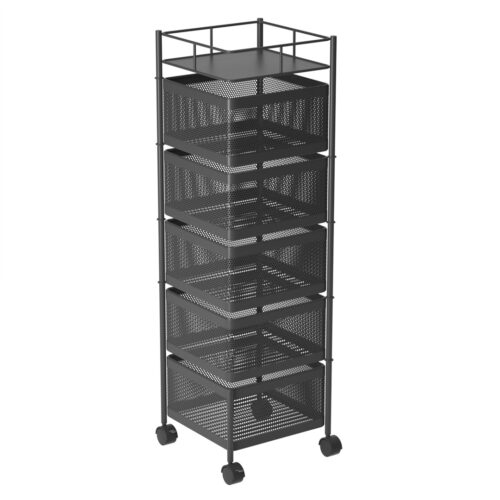 5 Tier Steel Square Rotating Kitchen Cart Multi-Functional Shelves Portable Storage Organizer with Wheels