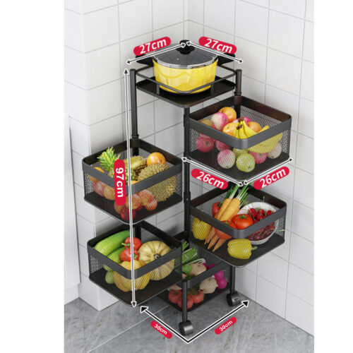 5 Tier Steel Square Rotating Kitchen Cart Multi-Functional Shelves Portable Storage Organizer with Wheels - Image 2