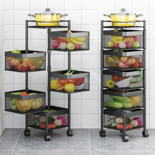 5 Tier Steel Square Rotating Kitchen Cart Multi-Functional Shelves Portable Storage Organizer with Wheels - Image 3