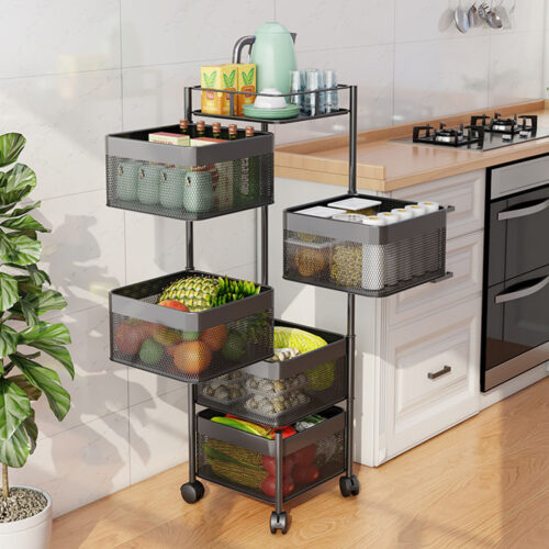 5 Tier Steel Square Rotating Kitchen Cart Multi-Functional Shelves Portable Storage Organizer with Wheels - Image 4