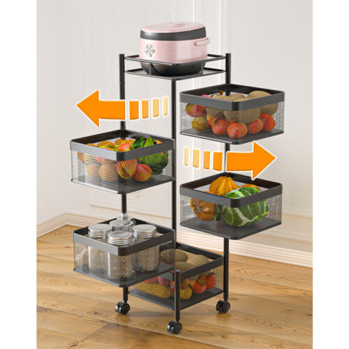 5 Tier Steel Square Rotating Kitchen Cart Multi-Functional Shelves Portable Storage Organizer with Wheels - Image 6
