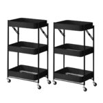 2x 3 Tier Steel Black Folding Kitchen Cart Multi-Functional Shelves Portable Storage Organizer with Wheels