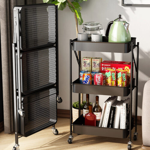 2x 3 Tier Steel Black Folding Kitchen Cart Multi-Functional Shelves Portable Storage Organizer with Wheels - Image 3