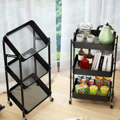 2x 3 Tier Steel Black Folding Kitchen Cart Multi-Functional Shelves Portable Storage Organizer with Wheels - Image 4