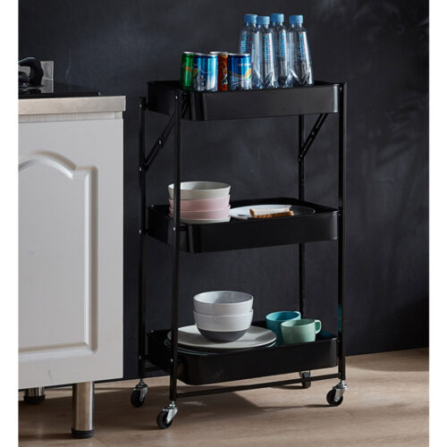 2x 3 Tier Steel Black Folding Kitchen Cart Multi-Functional Shelves Portable Storage Organizer with Wheels - Image 5