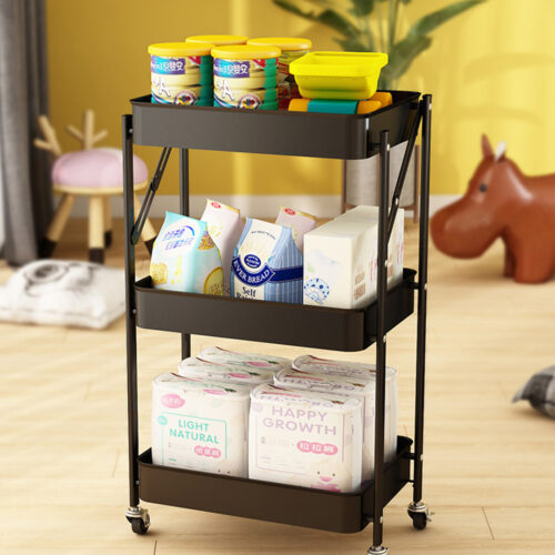 2x 3 Tier Steel Black Folding Kitchen Cart Multi-Functional Shelves Portable Storage Organizer with Wheels - Image 10