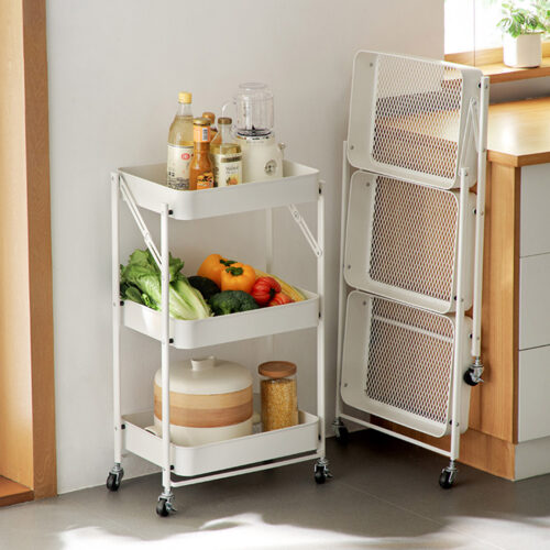 2x 3 Tier Steel White Folding Kitchen Cart Multi-Functional Shelves Portable Storage Organizer with Wheels - Image 3