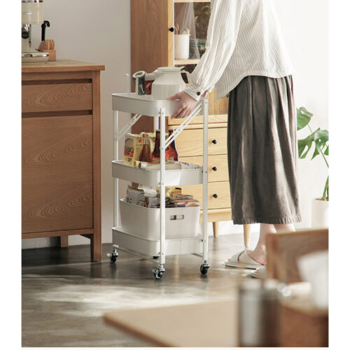 2x 3 Tier Steel White Folding Kitchen Cart Multi-Functional Shelves Portable Storage Organizer with Wheels - Image 4