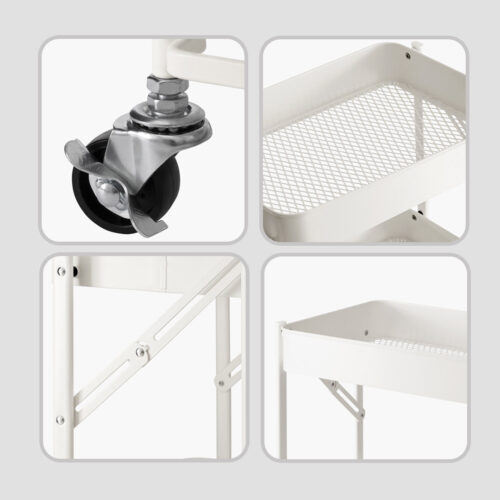 2x 3 Tier Steel White Folding Kitchen Cart Multi-Functional Shelves Portable Storage Organizer with Wheels - Image 8