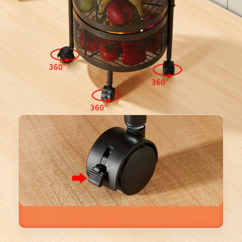 2x 2 Tier Steel Round Rotating Kitchen Cart Multi-Functional Shelves Portable Storage Organizer with Wheels - Image 6