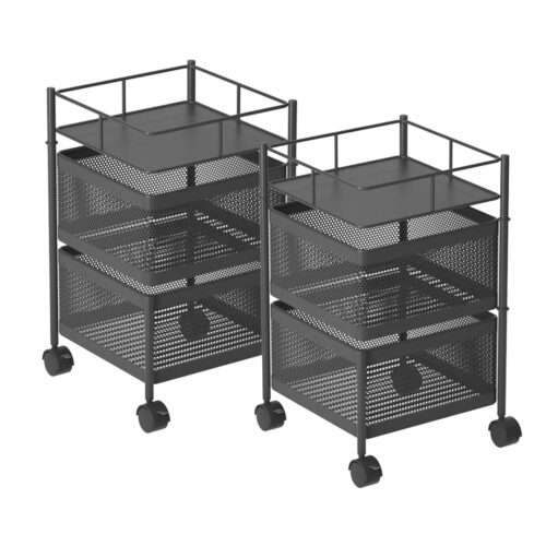 2x 2 Tier Steel Square Rotating Kitchen Cart Multi-Functional Shelves Portable Storage Organizer with Wheels