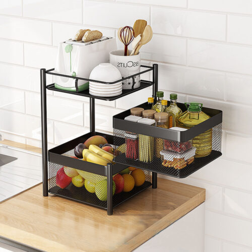 2x 2 Tier Steel Square Rotating Kitchen Cart Multi-Functional Shelves Portable Storage Organizer with Wheels - Image 3