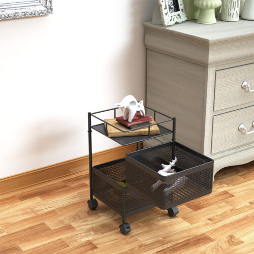 2x 2 Tier Steel Square Rotating Kitchen Cart Multi-Functional Shelves Portable Storage Organizer with Wheels - Image 4