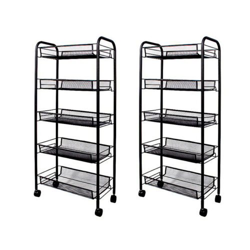 2x 5 Tier Steel Black Bee Mesh Kitchen Cart Multi-Functional Shelves Portable Storage Organizer with Wheels