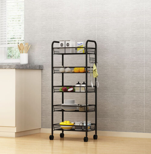 2x 5 Tier Steel Black Bee Mesh Kitchen Cart Multi-Functional Shelves Portable Storage Organizer with Wheels - Image 2