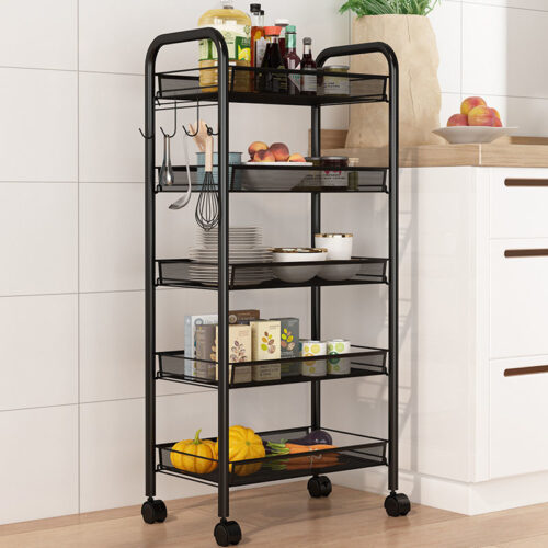 2x 5 Tier Steel Black Bee Mesh Kitchen Cart Multi-Functional Shelves Portable Storage Organizer with Wheels - Image 3