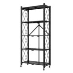 5 Tier Steel Black Folding Kitchen Cart Multi-Functional Shelves Portable Storage Organizer with Wheels