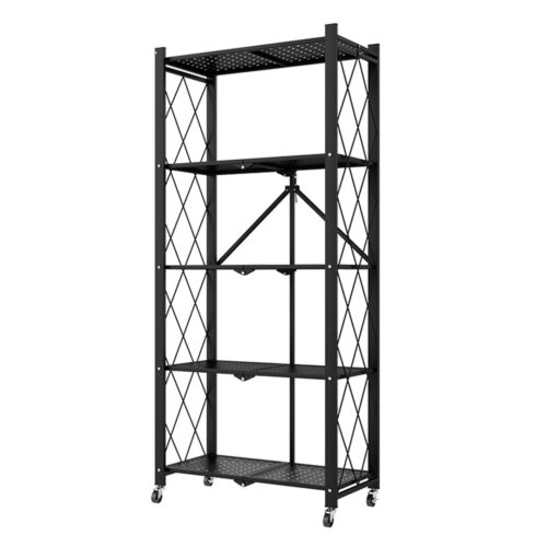 5 Tier Steel Black Folding Kitchen Cart Multi-Functional Shelves Portable Storage Organizer with Wheels