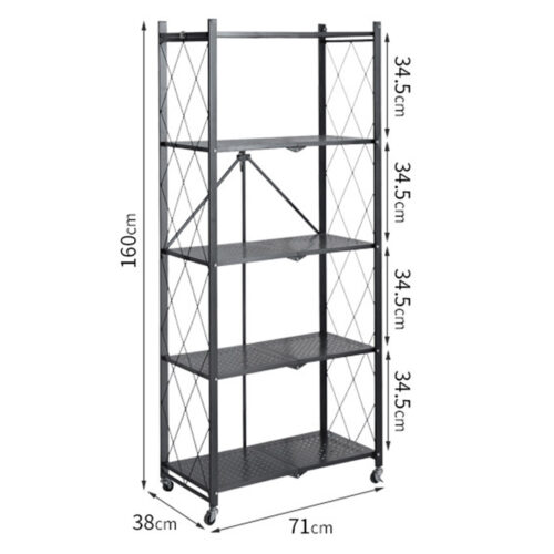 5 Tier Steel Black Folding Kitchen Cart Multi-Functional Shelves Portable Storage Organizer with Wheels - Image 2