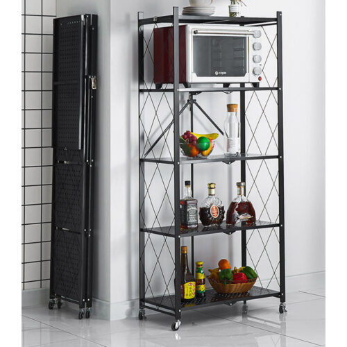 5 Tier Steel Black Folding Kitchen Cart Multi-Functional Shelves Portable Storage Organizer with Wheels - Image 3