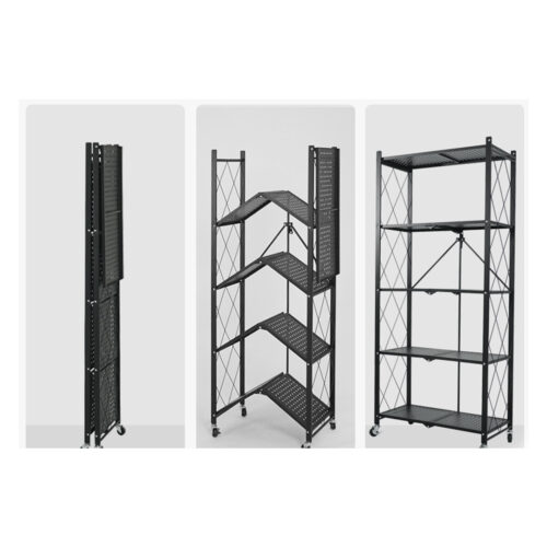 5 Tier Steel Black Folding Kitchen Cart Multi-Functional Shelves Portable Storage Organizer with Wheels - Image 4