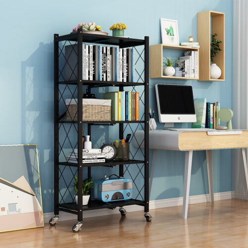 5 Tier Steel Black Folding Kitchen Cart Multi-Functional Shelves Portable Storage Organizer with Wheels - Image 10