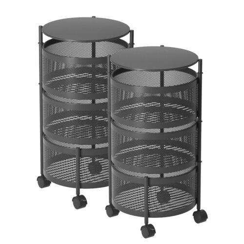 2x 3 Tier Steel Round Rotating Kitchen Cart Multi-Functional Shelves Portable Storage Organizer with Wheels