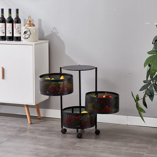 2x 3 Tier Steel Round Rotating Kitchen Cart Multi-Functional Shelves Portable Storage Organizer with Wheels - Image 5
