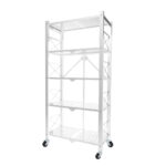 5 Tier Steel White Folding Display Stand Multi-Functional Shelves Portable Storage Organizer with Wheels