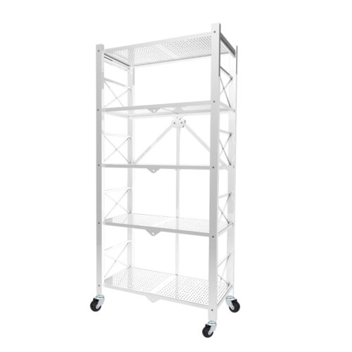 5 Tier Steel White Folding Display Stand Multi-Functional Shelves Portable Storage Organizer with Wheels