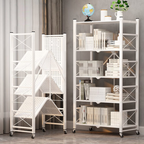 5 Tier Steel White Folding Display Stand Multi-Functional Shelves Portable Storage Organizer with Wheels - Image 5