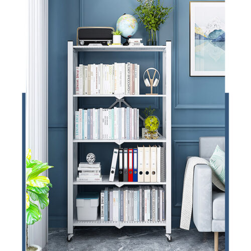 5 Tier Steel White Folding Display Stand Multi-Functional Shelves Portable Storage Organizer with Wheels - Image 7
