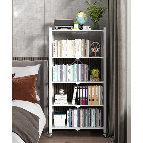 5 Tier Steel White Folding Display Stand Multi-Functional Shelves Portable Storage Organizer with Wheels - Image 8
