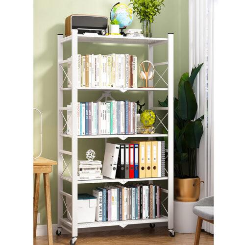 5 Tier Steel White Folding Display Stand Multi-Functional Shelves Portable Storage Organizer with Wheels - Image 9