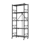 5 Tier Steel Black Folding Display Stand Multi-Functional Shelves Portable Storage Organizer with Wheels