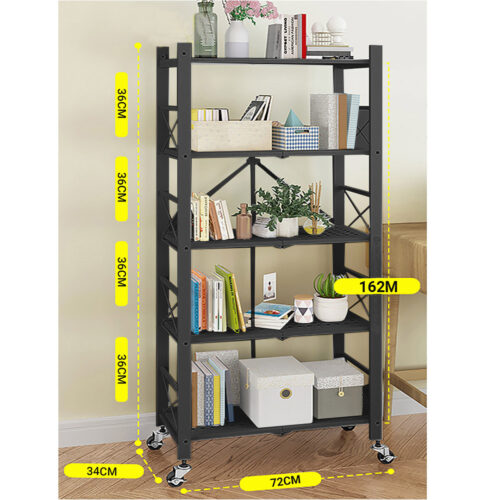 5 Tier Steel Black Folding Display Stand Multi-Functional Shelves Portable Storage Organizer with Wheels - Image 2