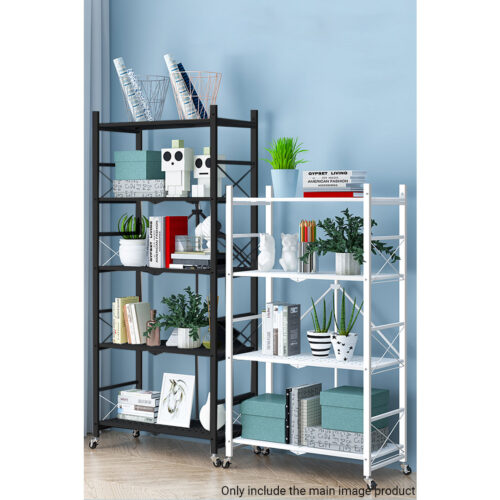 5 Tier Steel Black Folding Display Stand Multi-Functional Shelves Portable Storage Organizer with Wheels - Image 3