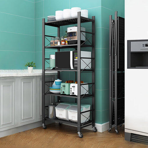 5 Tier Steel Black Folding Display Stand Multi-Functional Shelves Portable Storage Organizer with Wheels - Image 5