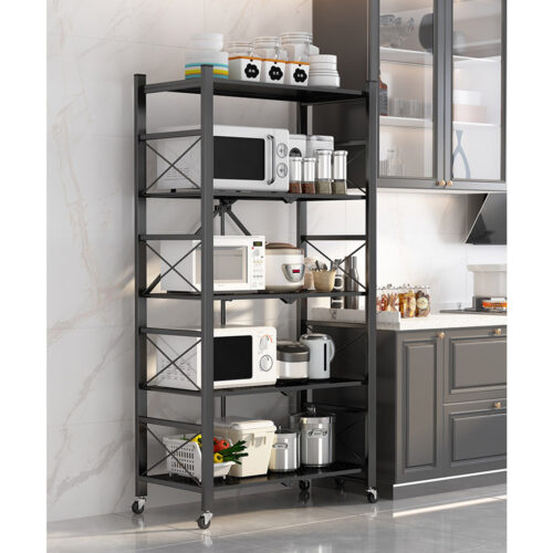 5 Tier Steel Black Folding Display Stand Multi-Functional Shelves Portable Storage Organizer with Wheels - Image 9