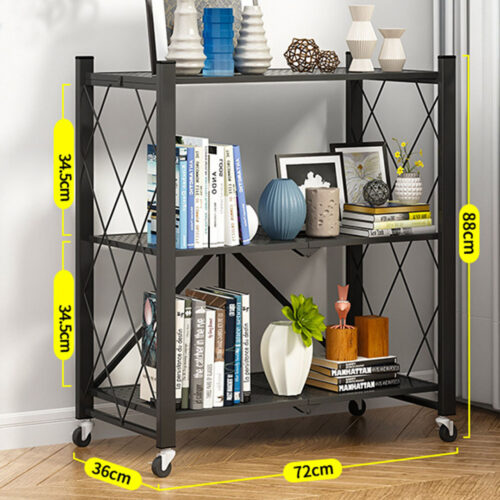 2x 3 Tier Steel Black Folding Kitchen Cart Multi-Functional Shelves Portable Storage Organizer with Wheels - Image 2